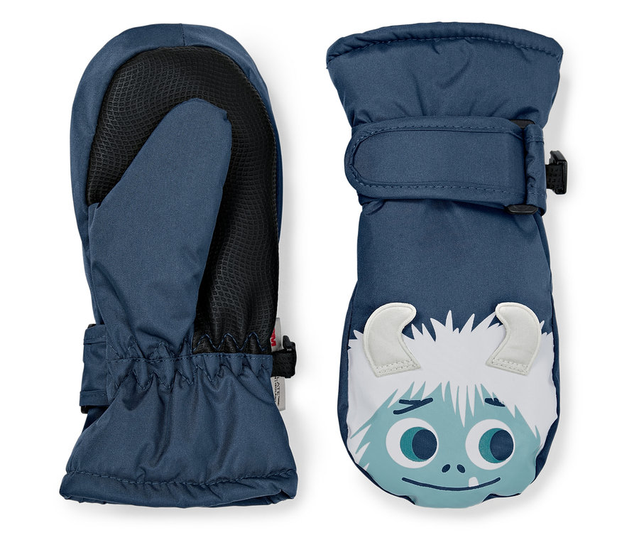 Dve modré detské palčiaky s tvárou kreslenej postavičky.