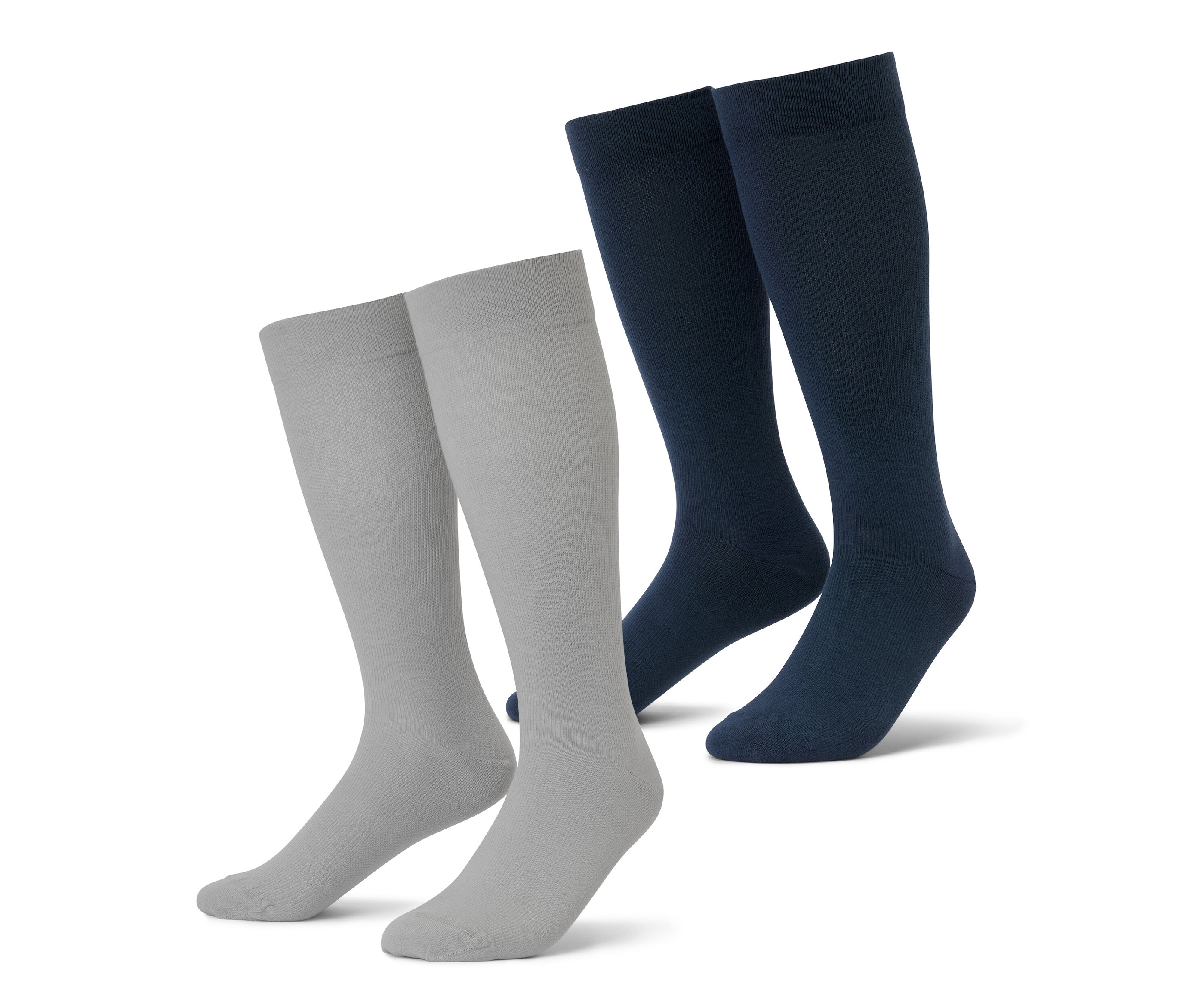 Dva páry cestovných kompresných pančúch v šedej a tmavomodrej farbe.