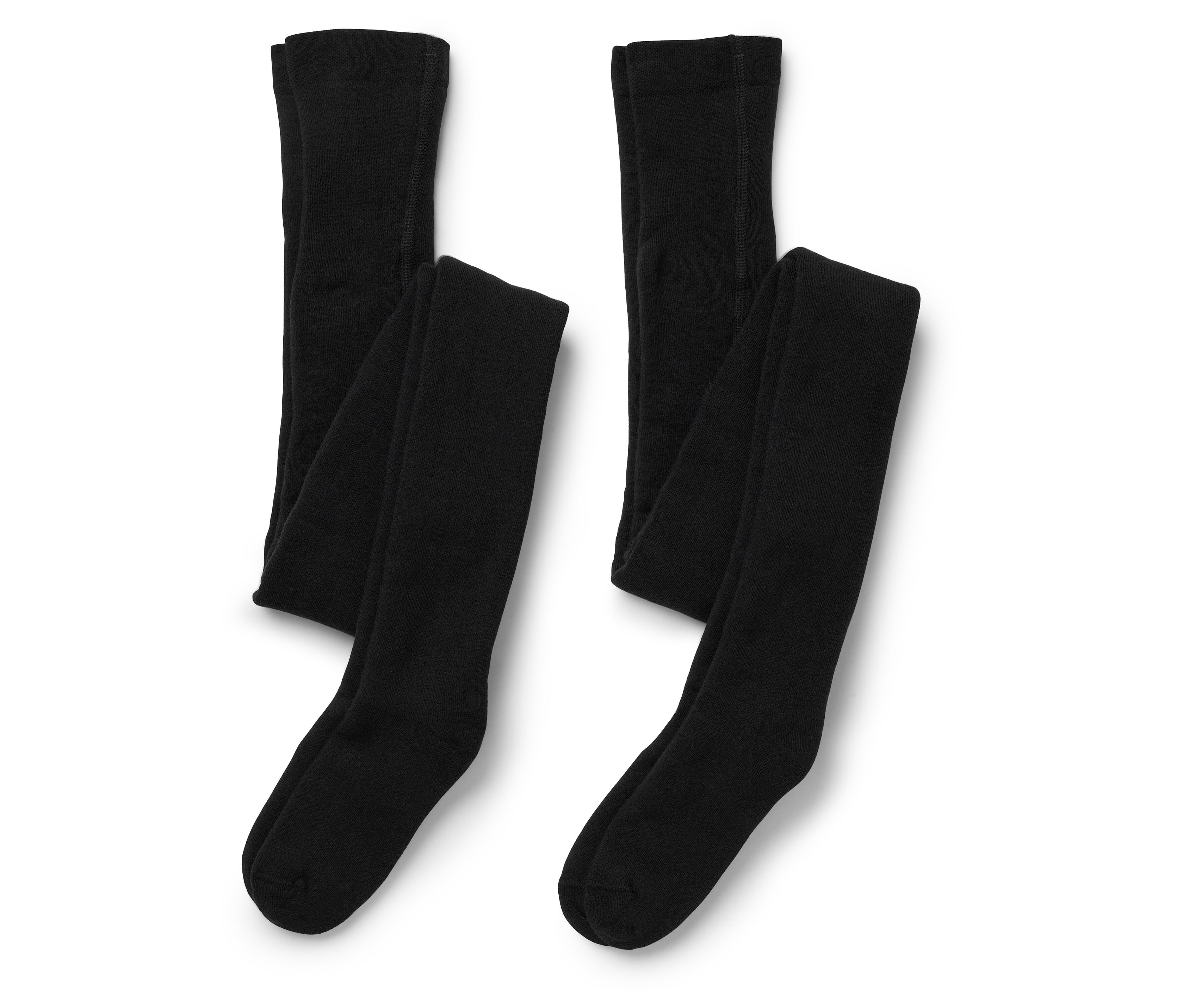 Dvoje čierne nepriehľadné pančuchy ležia na bielom pozadí.