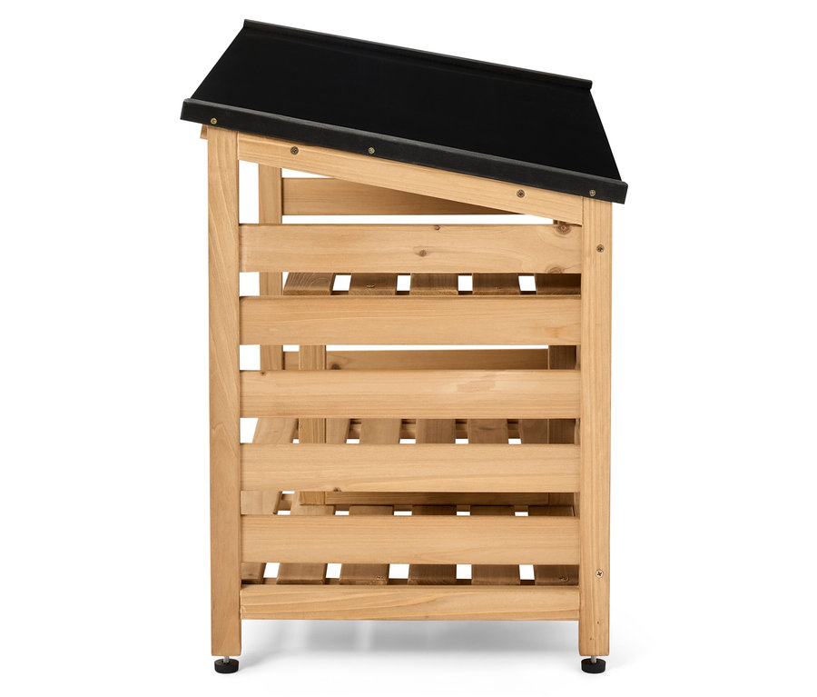 Vonkajší regál na topánky z borovicového dreva s čiernou strechou.