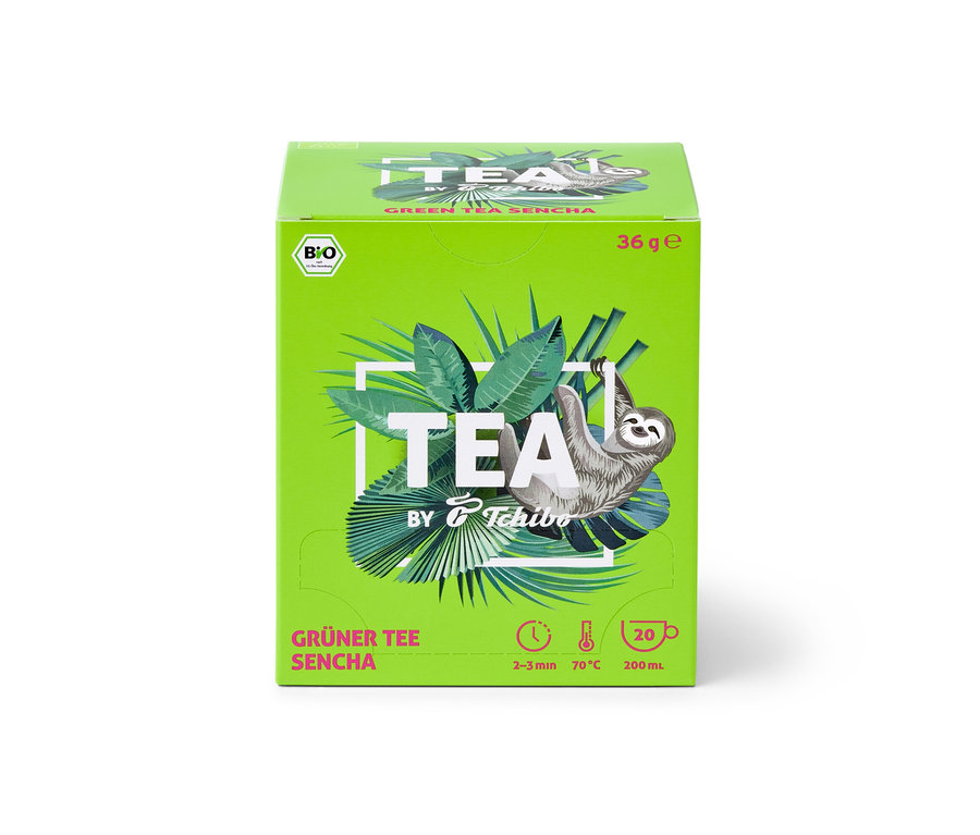 Balenie BIO TEA by Tchibo Sencha 8 x 20 x 1,8 g zeleného čaju s leňochom.