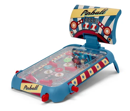 Modrý pinball s červenými ovládacími prvkami.