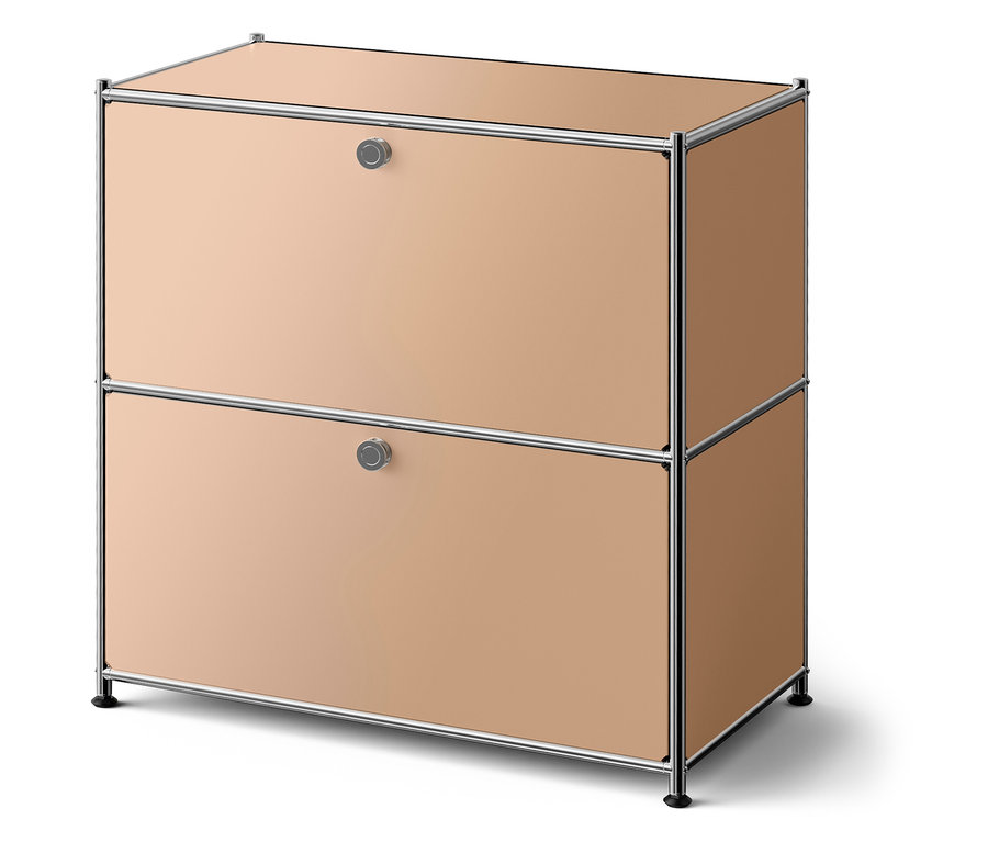 Béžová skrinka s dvomi zásuvkami a strieborným rámom.