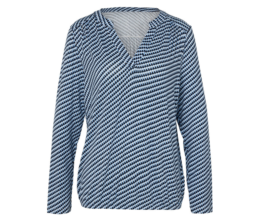 Modro-biely pruhovaný top s dlhým rukávom a výstrihom do V.