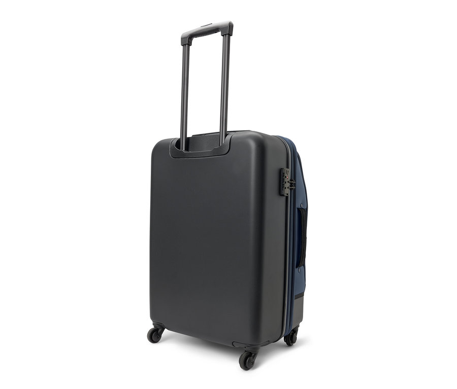 Čierny hybridný kufor strednej veľkosti s výsuvnou rukoväťou.