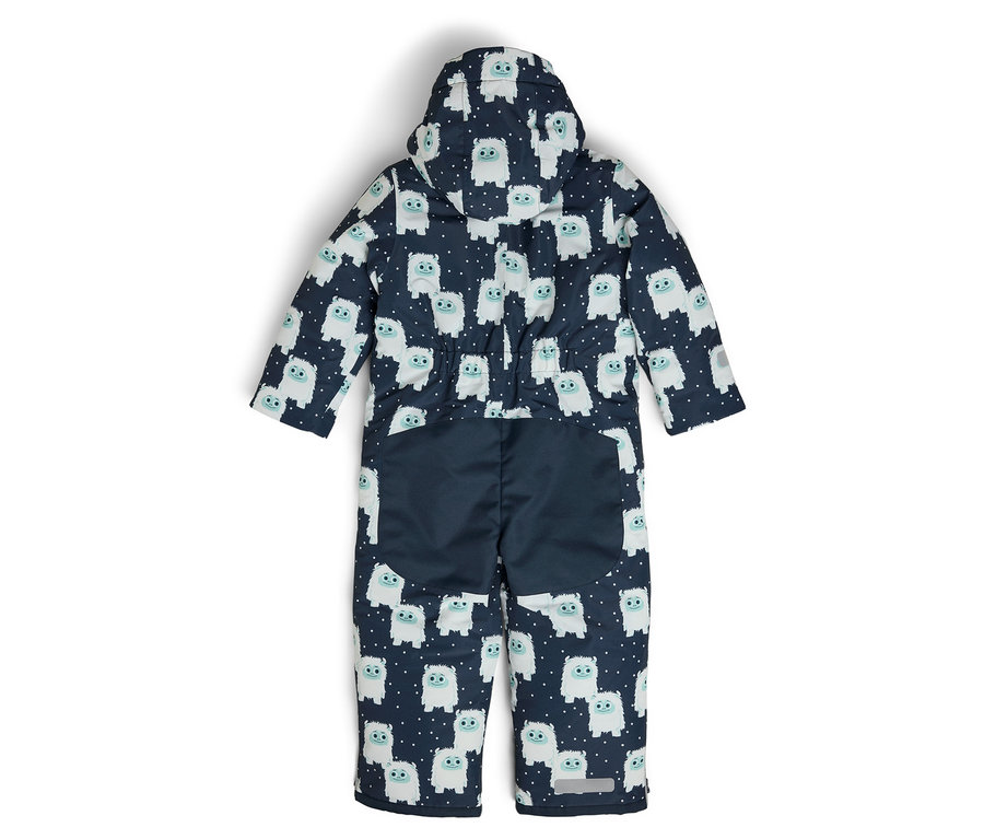 Pohľad zozadu na detskú kombinézu s kapucňou, potlačenú bielymi snehuliakmi na tmavomodrom pozadí.