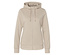 Béžová mikina s kapucňou so zipsom v strede.