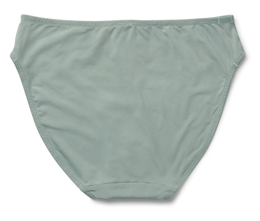 Detailný záber na dámske plavkové nohavičky v šedozelenej farbe.