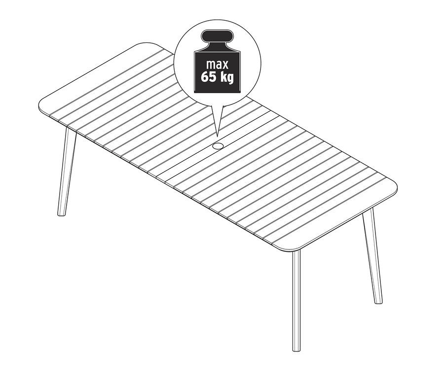 Nákres dvojito rozkladacieho stola z tíkového dreva. Nad stolom je bublina s maximálnou hmotnosťou 65 kg.