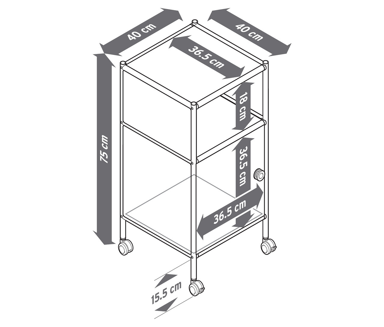 Pohľad zhora na kovovú skrinku na kolieskach s rozmermi 40 x 36,5 x 75 cm.