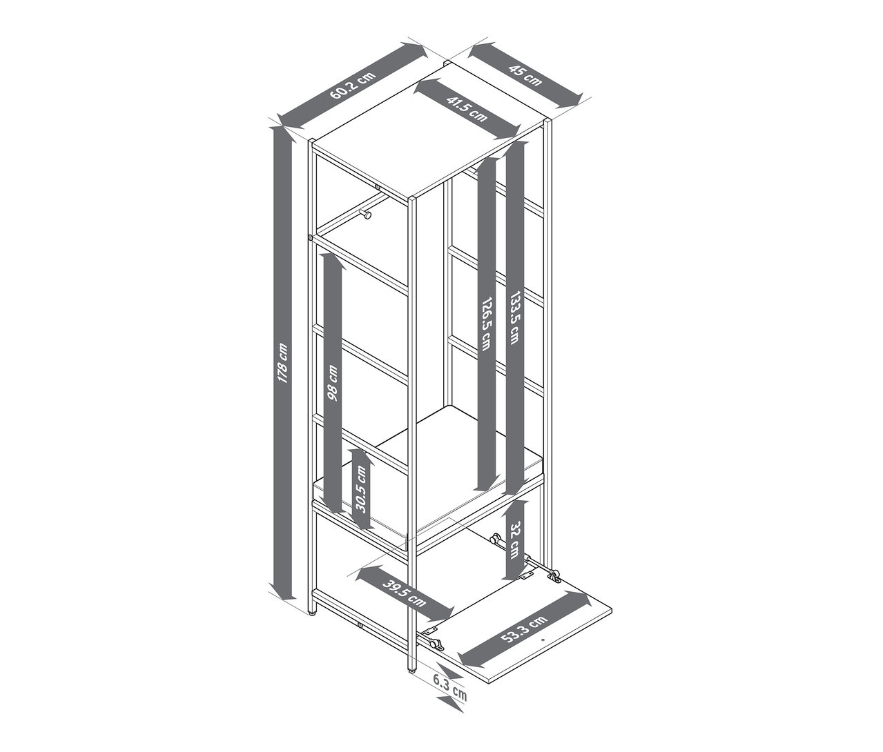 Pohľad zhora na šatníkovú stenu »GRADE« s lavičkou a vankúšom, s uvedenými rozmermi.