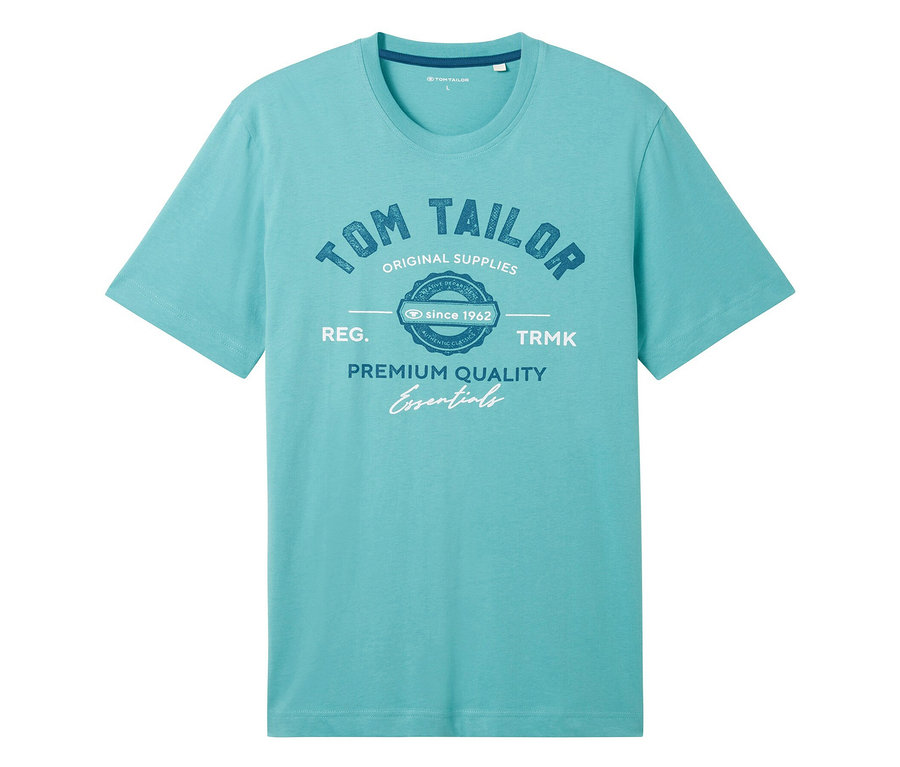 Svetlomodré tričko s potlačou "Tom Tailor Original Supplies" a nápisom "Premium Quality Essentials".