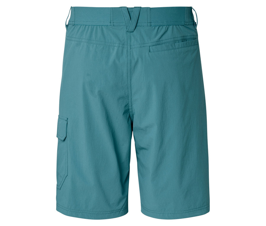 Pohľad zozadu na tyrkysové šortky s vreckom na ľavej nohe.