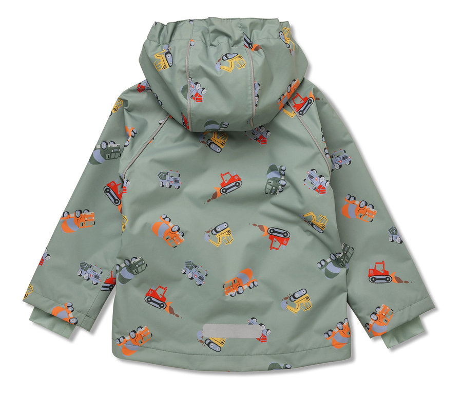 Zelená detská dažďová bunda s potlačou bagrov a stavebných vozidiel.