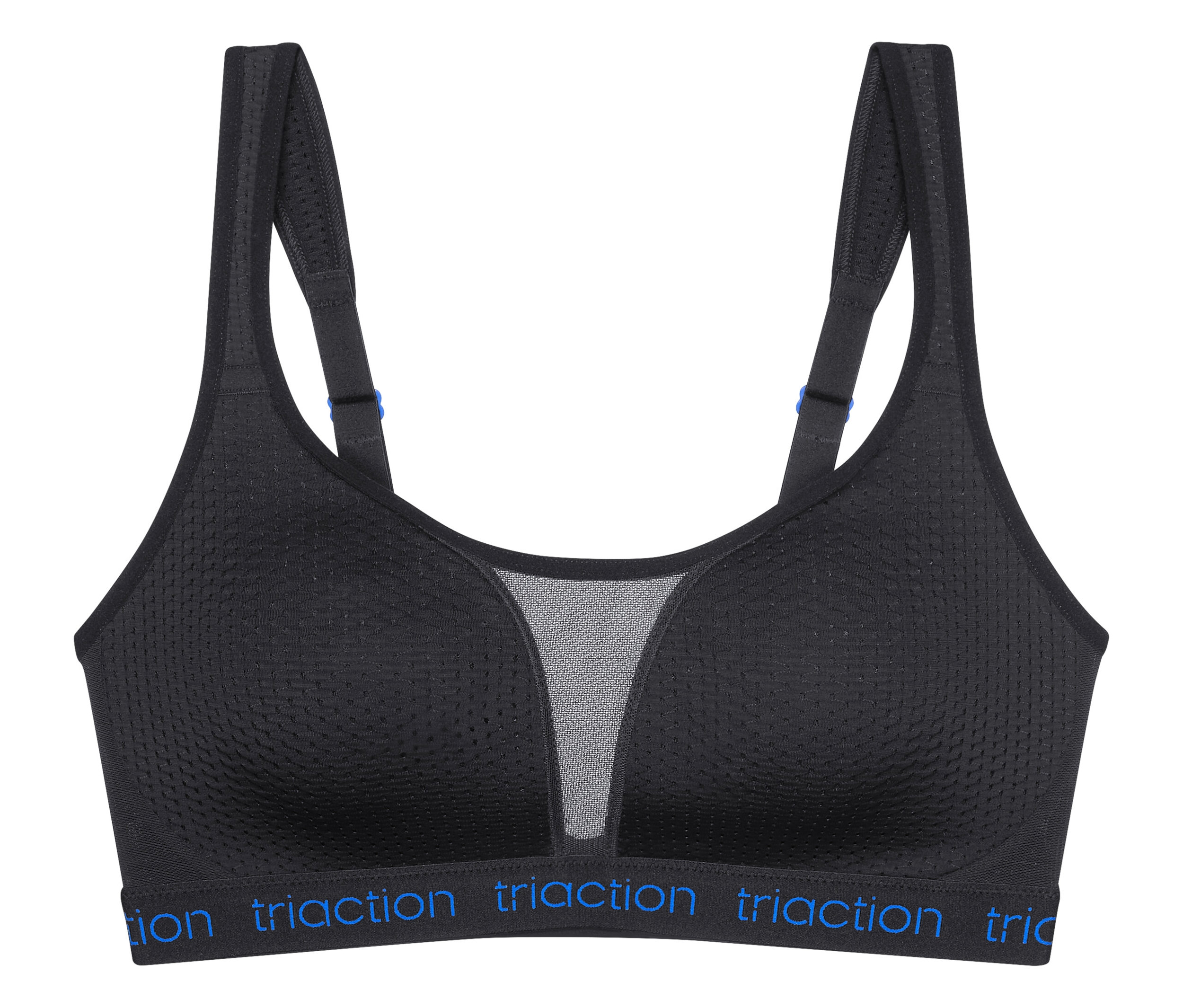 Čierna športová podprsenka so sieťovanou vložkou a modrým nápisom 'Traction' na spodnom páse.