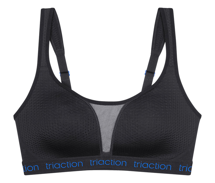 Čierna športová podprsenka so sieťovanou vložkou a modrým nápisom 'Traction' na spodnom páse.