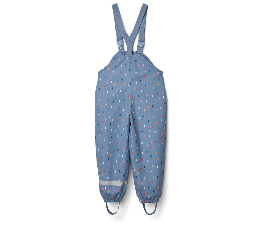 Modré nepremokavé nohavice s farebnými bodkami a reflexnými pásikmi.