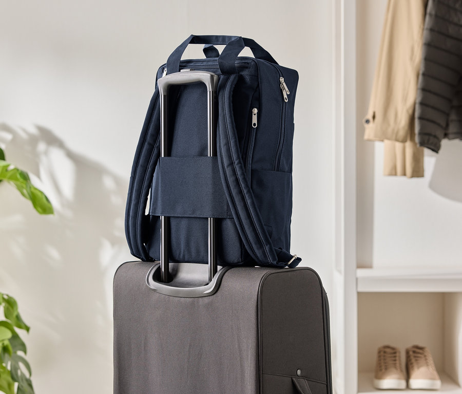 Tmavomodrý batoh na sivom kolieskovom kufri, vedľa izbová rastlina a šatník.