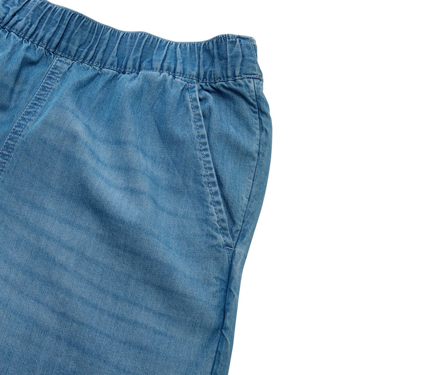 Detailný záber svetlomodrých nohavíc s elastickým pásom a bočným vreckom.