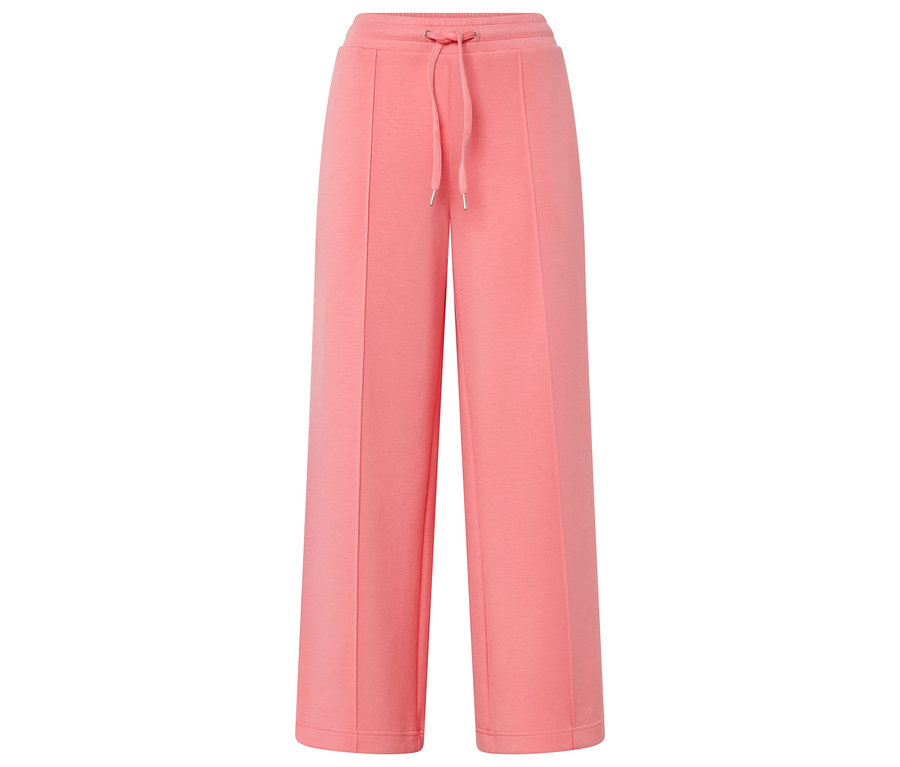 Na obrázku sú dlhé koralové nohavice so širokými nohavicami a šnúrkou.