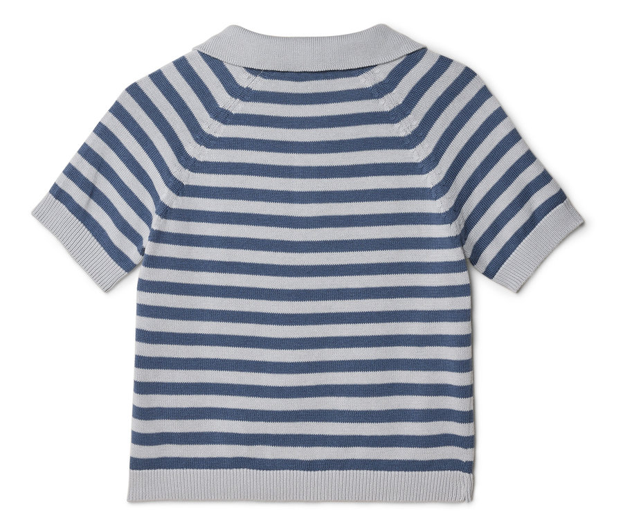 Pohľad zozadu na pruhované polokošele s krátkym rukávom v modrej a sivej farbe.