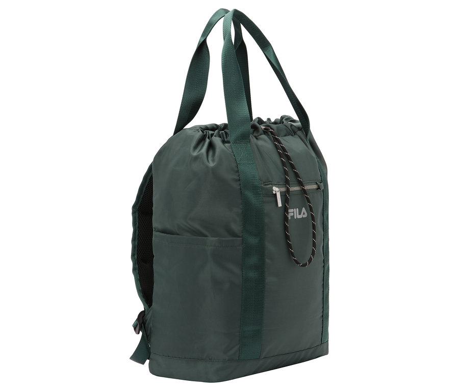 Zelená športová taška FILA so sťahovacou šnúrkou a vreckom na zips zboku.