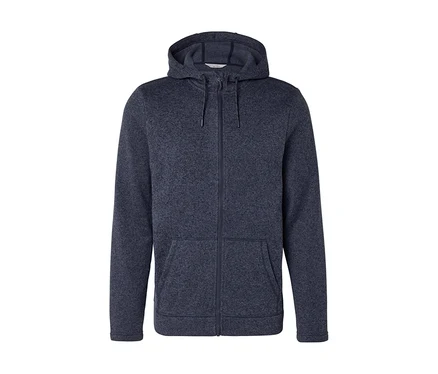 Tmavomodrá melírovaná mikina s kapucňou na zips, so šnúrkami a dvoma prednými vreckami.