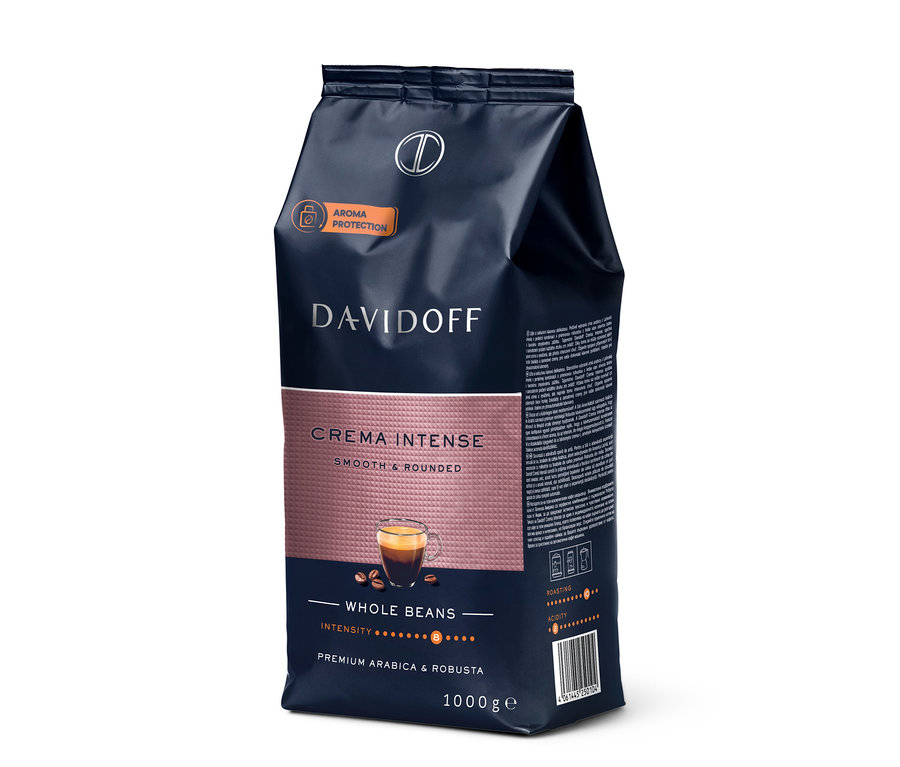 Tmavomodré a ružovo-zlaté balenie DAVIDOFF CAFÉ Crema Intense 1 kg kávových zŕn, s vyobrazením šálky kávy a kávových zŕn.