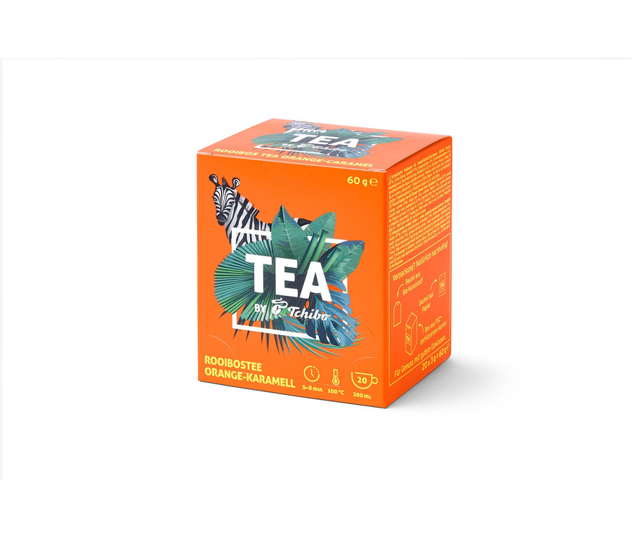Oranžová krabička čaju TEA by Tchibo Rooibos s príchuťou pomaranča a karamelu - 8 x 20 čajových vrecúšok.