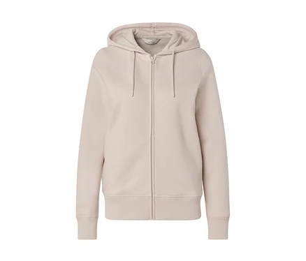Béžová mikina s kapucňou na zips so sťahovacou šnúrkou na kapucni.