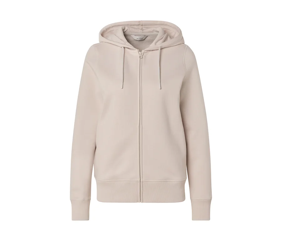 Béžová mikina s kapucňou na zips so sťahovacou šnúrkou na kapucni.