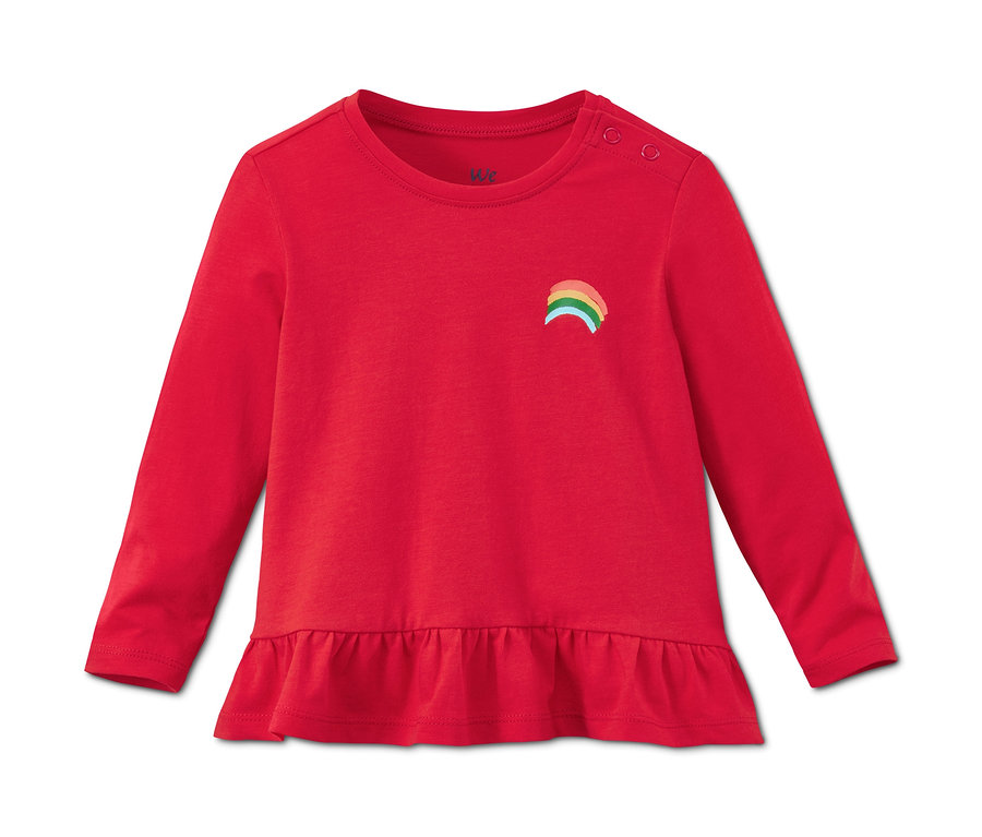 Červené tričko z biobavlny s dlhým rukávom a obrázkom dúhy.