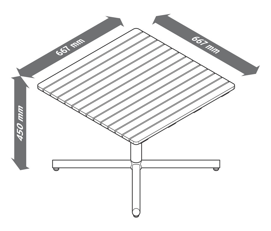Nákres rohovej záhradnej pohovky s rozmermi 667 mm x 667 mm a výškou 450 mm.