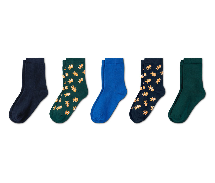 Päť párov ponožiek s motívom perníkového mužíčka.