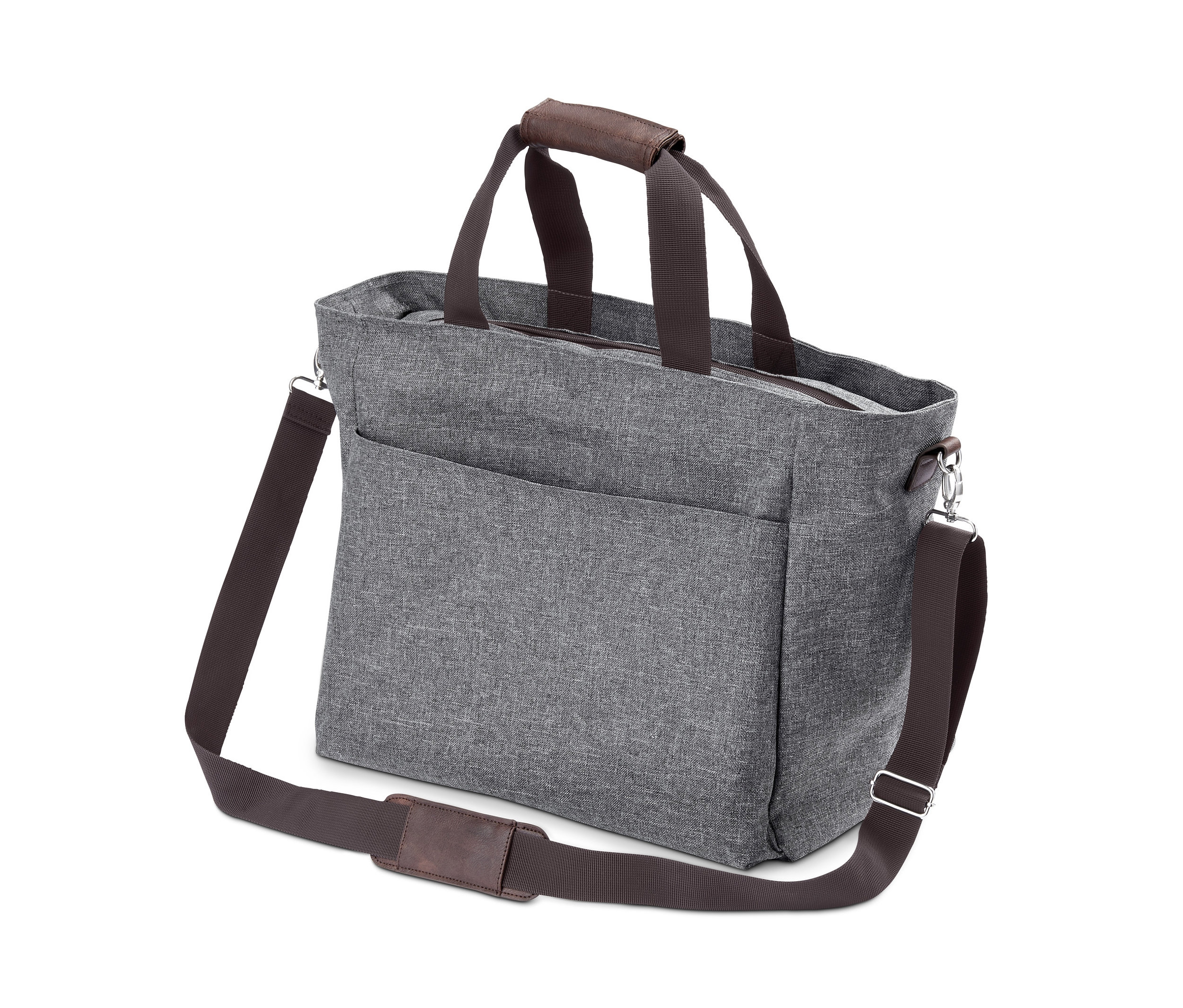 Sivá nákupná chladiaca taška s hnedými rúčkami a popruhom cez rameno.