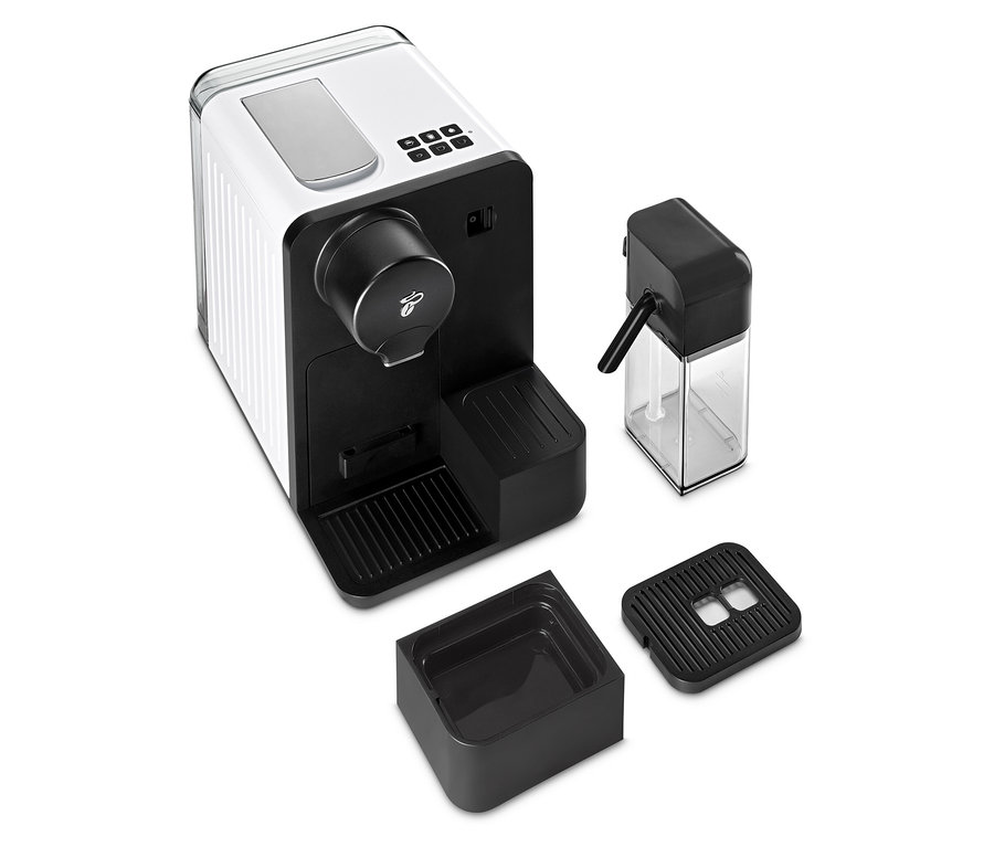 Biely kávovar Cafissimo milk a jeho príslušenstvo.