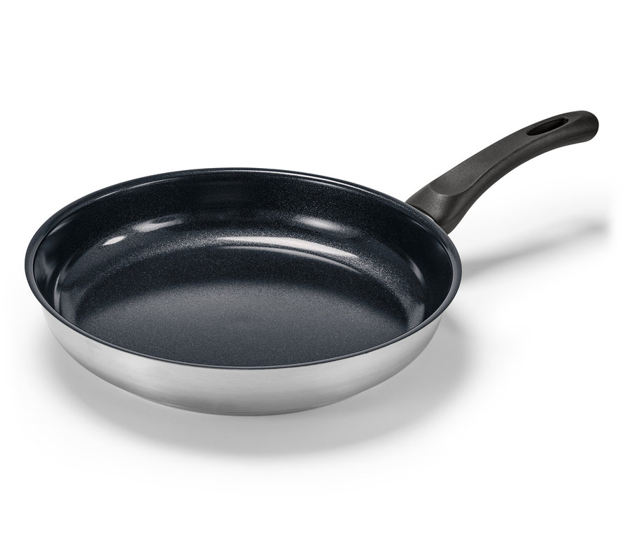 Nerezová panvica s keramickým povrchom, priemer cca 28 cm.