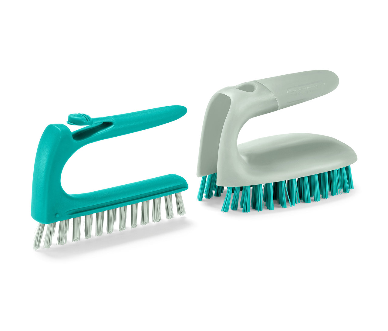 Dve kefy na čistenie obkladačiek a podláh 2 v 1. Jedna je tyrkysová a druhá sivá.