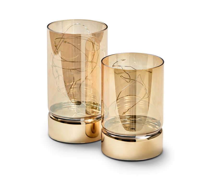 Dva sklenené LED lampáše v zlatom prevedení.