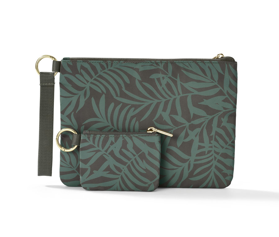 Dve skladovacie taštičky s potlačou listov.