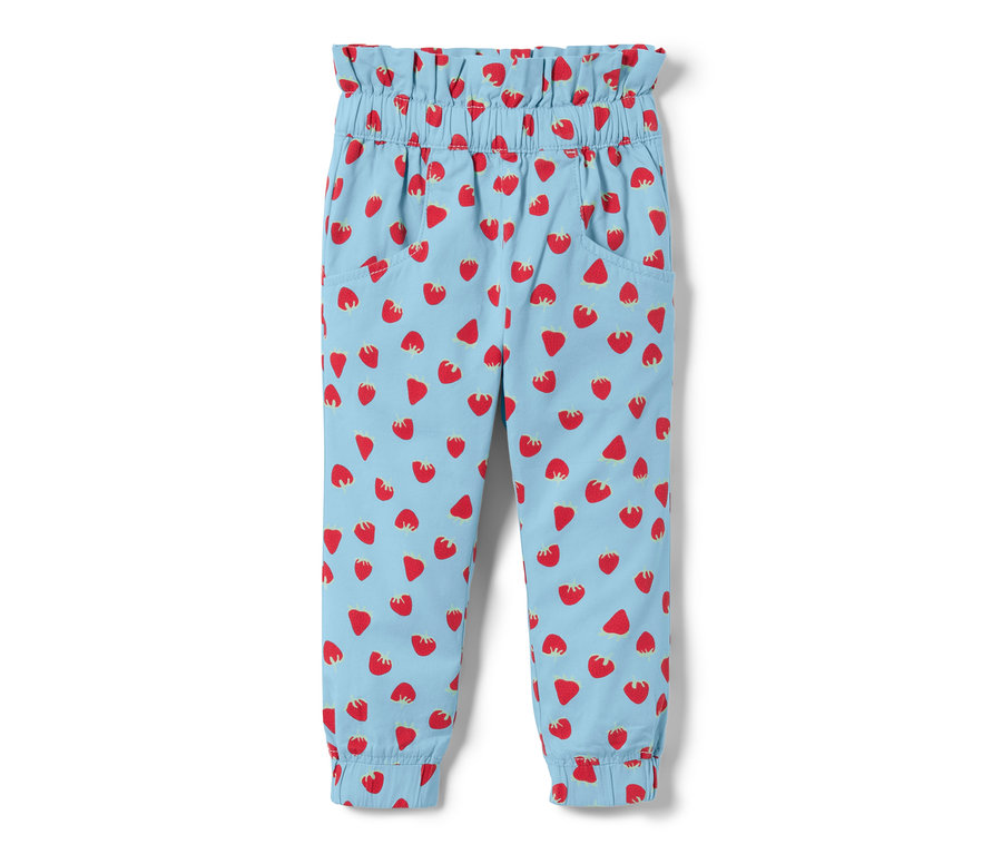 Svetlomodré detské nohavice v štýle paper bag s celoplošnou potlačou s motívom jahody.