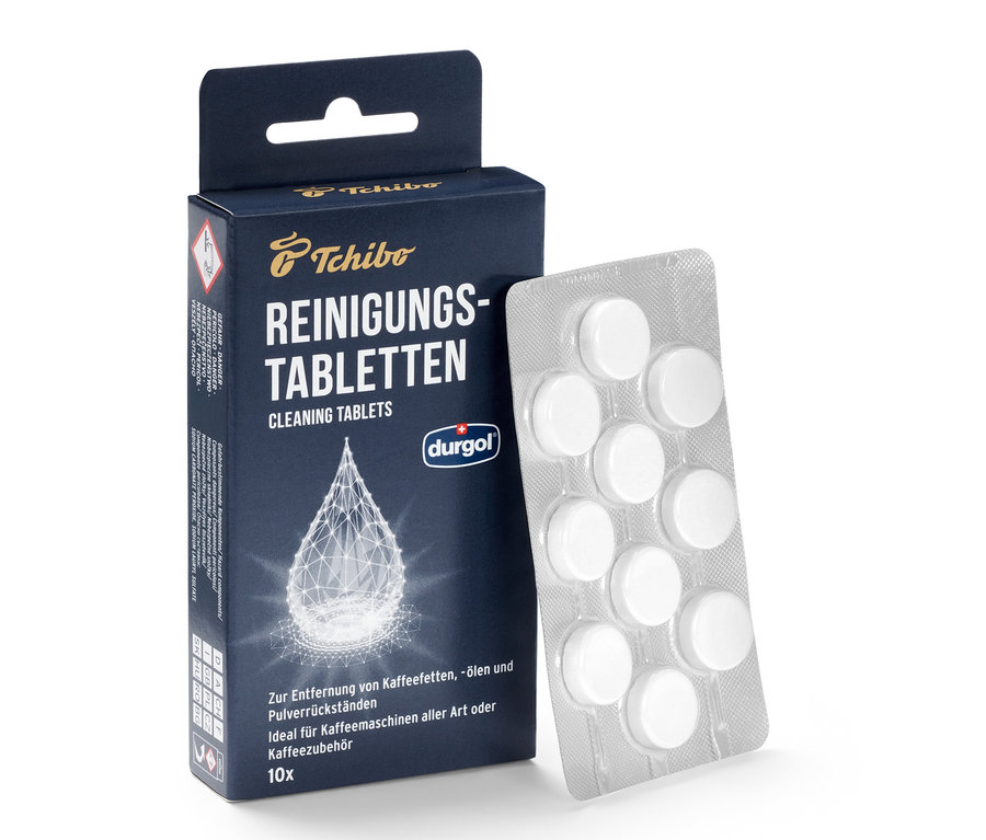 Balenie čistiacich tabliet durgol® na kávové oleje a blister s tabletami.