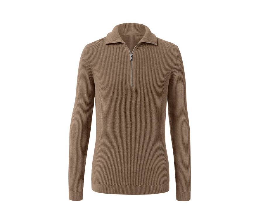 Hnedý pulóver s dlhými rukávmi a zipsom.