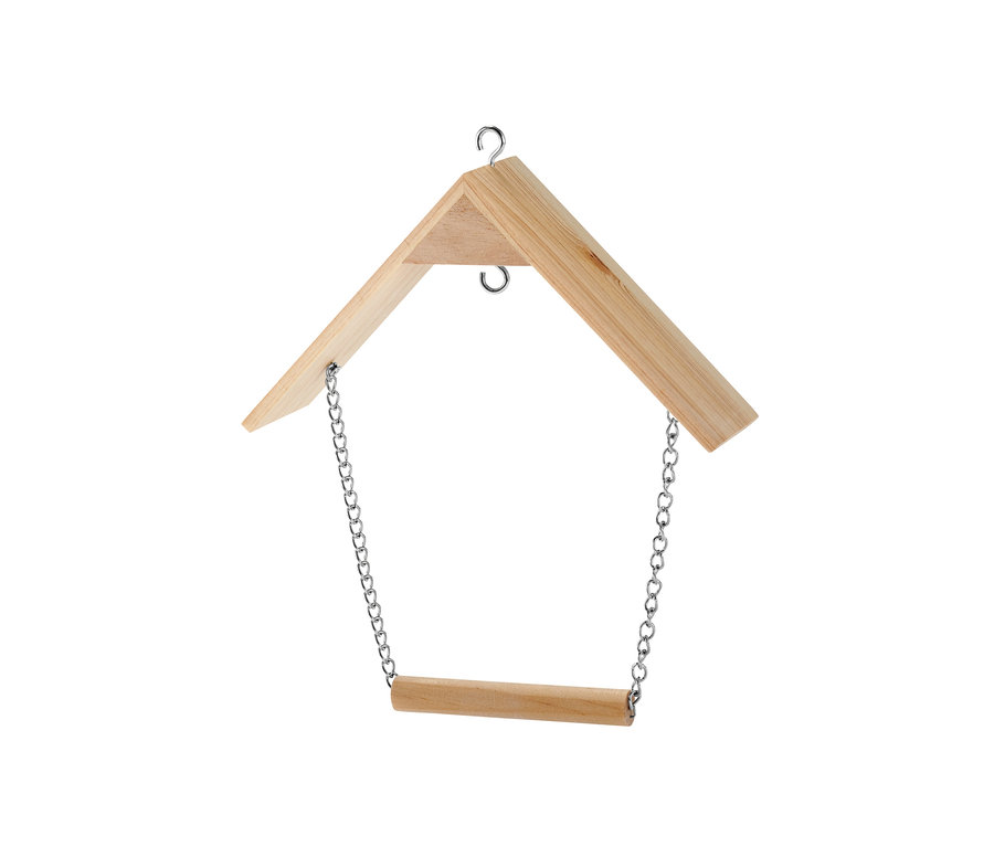 Detailný pohľad na Závesné kŕmidlo pre vtáky z prírodného dreva so striebornými retiazkami.