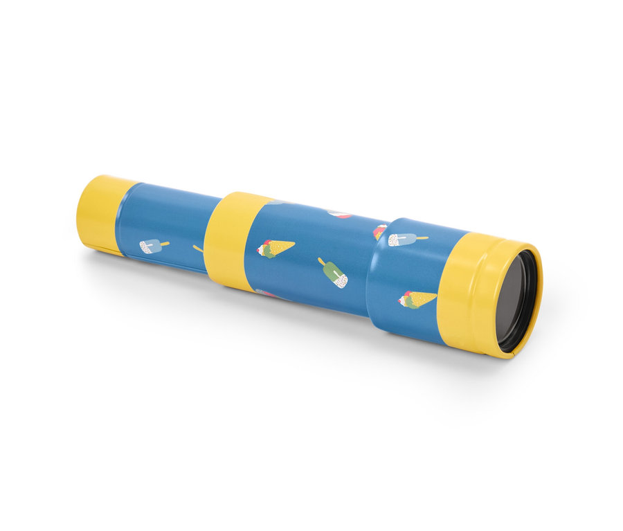 Modrý hračkársky teleskop s obrázkami nanukov.