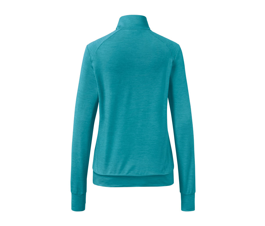 Tyrkysová funkčná bunda zozadu.