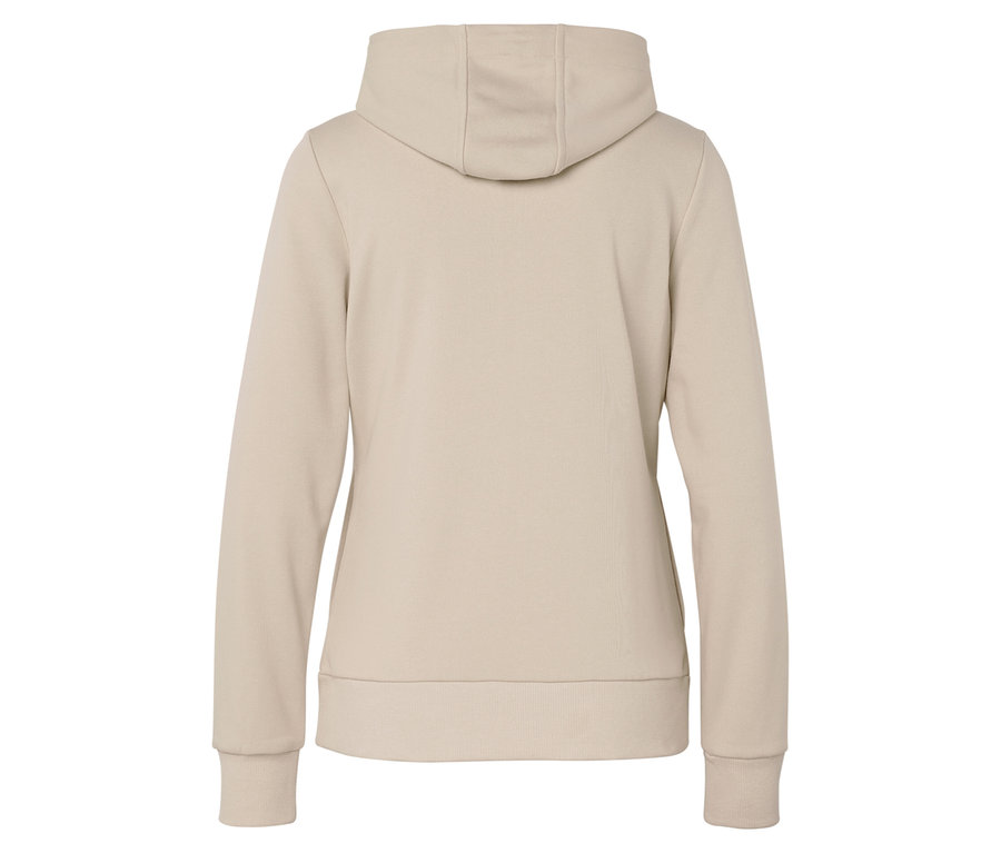 Pohľad zozadu na béžovú mikinu s kapucňou.