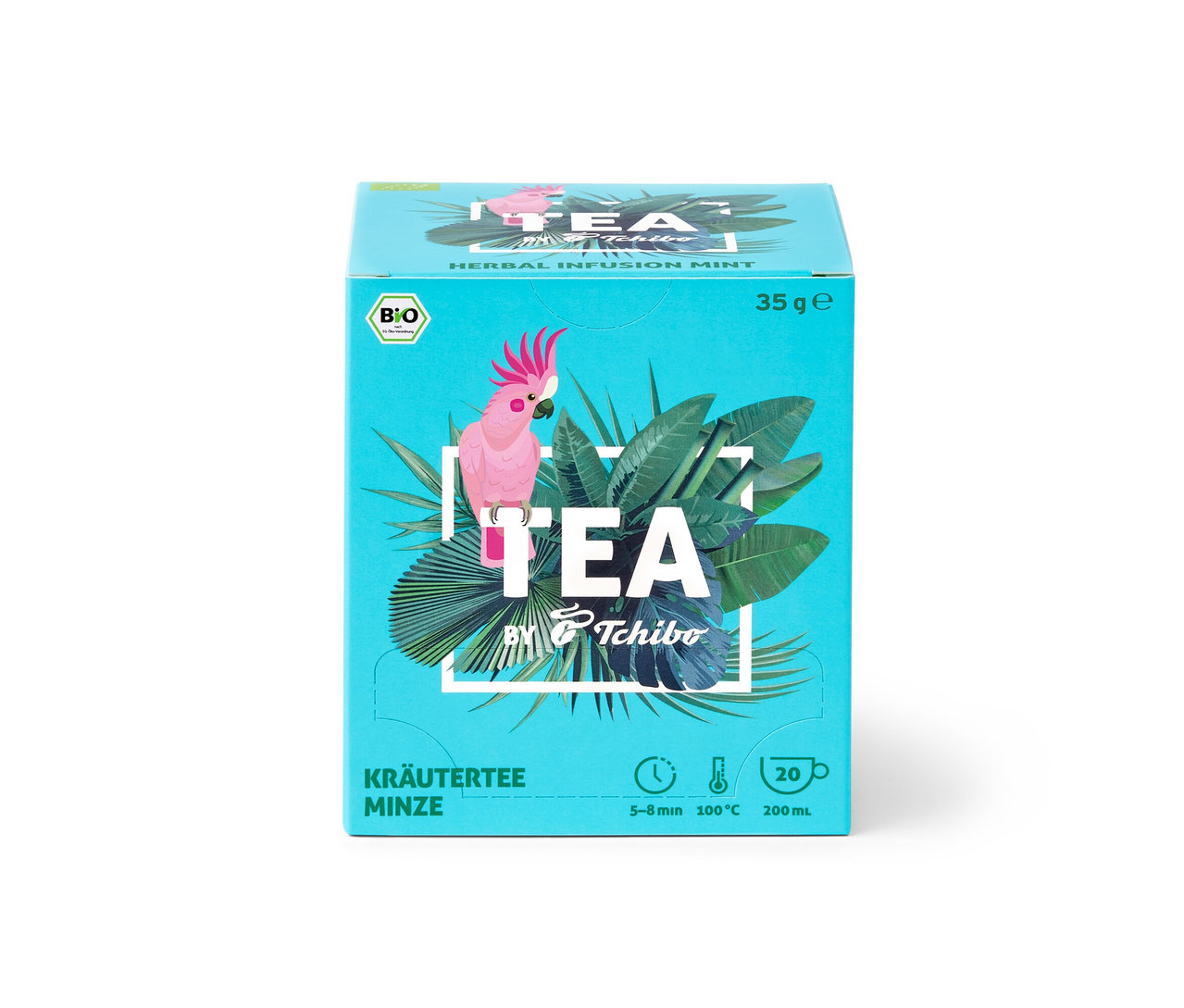 Balenie BIO TEA by Tchibo mäta 8 x 20 x 1,75 g, tyrkysová krabička s obrázkom papagája kakadu a nápisom TEA.