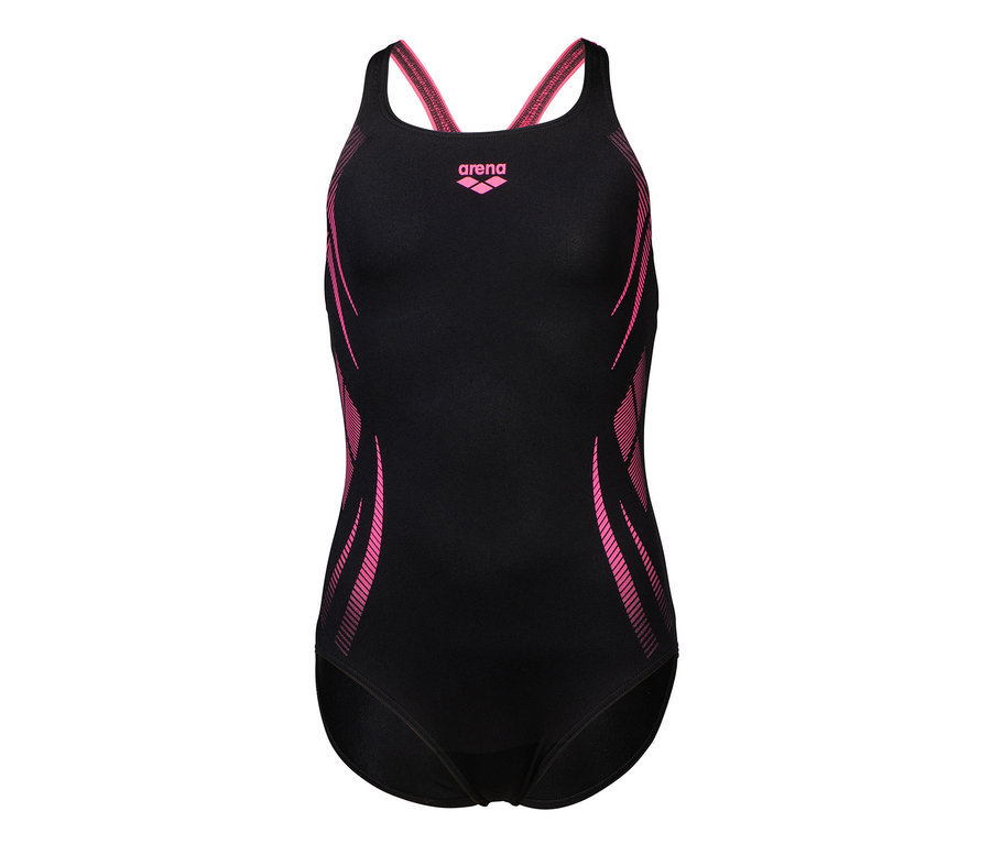 Čierne detské plavky arena Performance Poseidonia Swim Pro Back s ružovými detailmi.