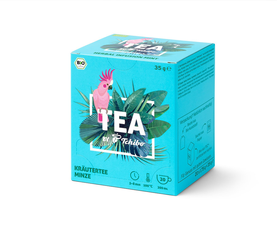 Balenie BIO TEA by Tchibo mäta 8 x 20 x 1,75 g na svetlom pozadí.